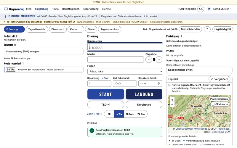 Elektronisches Hauptflugbuch in der Flugleitung von Gegenanflug, mit fiktiven Testdaten: Kennzeichen-Eingabe, Knöpfe Start und Landung, daneben Posteingang und Lagebild.